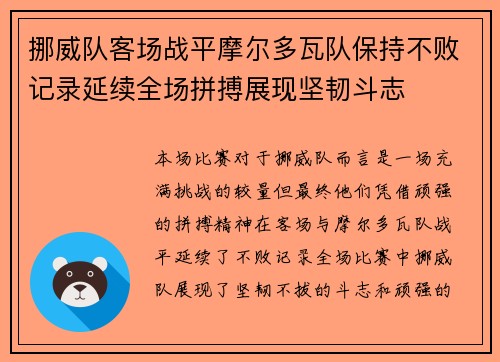 挪威队客场战平摩尔多瓦队保持不败记录延续全场拼搏展现坚韧斗志